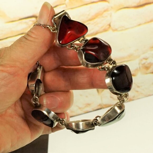 Rare To Find Cherry Amber Link BRACELET in 925 Silver, Heavy Jewelry, OOAK Gift - Picture 15 of 16